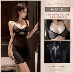 Chest swing collar see-through mesh slit dress ZY6166 erotic underwear sexy pure desire to show buttocks temptation